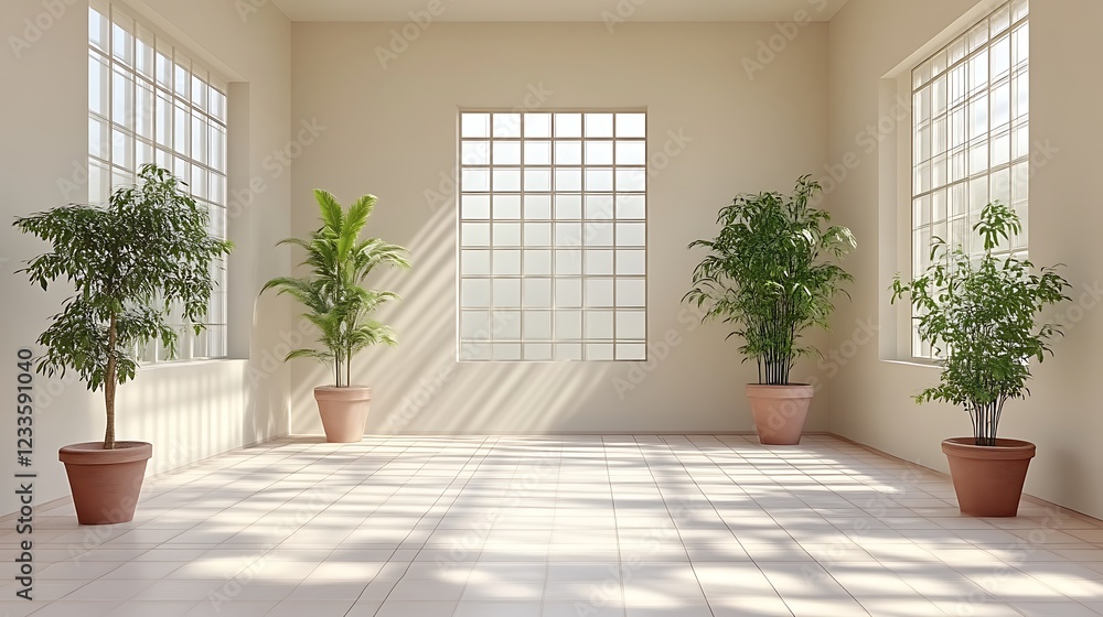 Fototapeta premium Sunlit Room with Plants and Large Windows