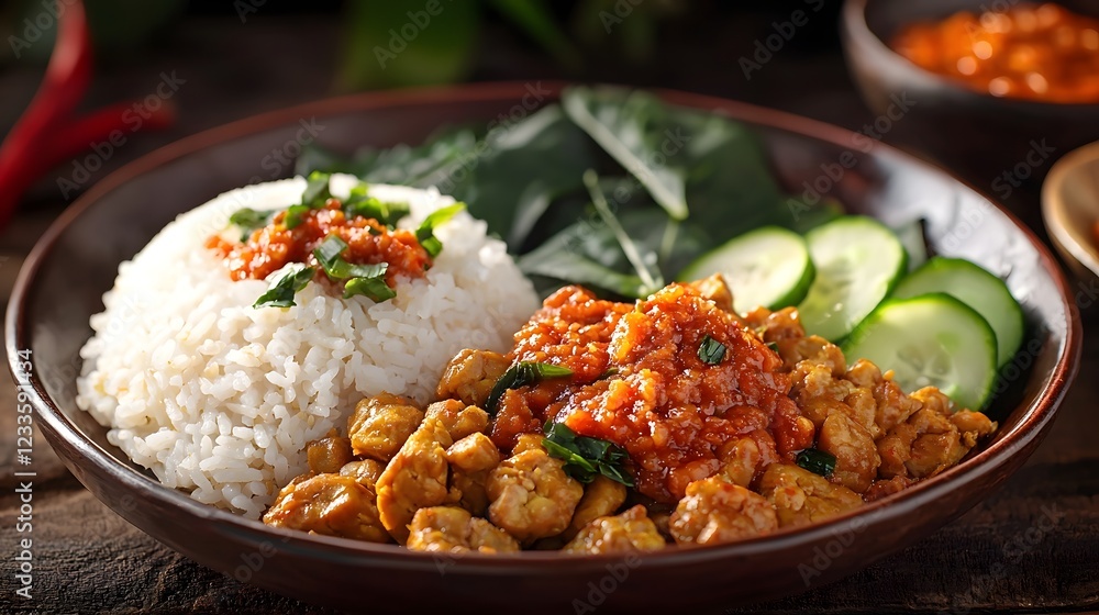 Probiotic Sustainable Protein Consumption, Authentic Indonesian Tempeh Orek Dish Served with Steamed Rice, Sambal, and Cucumber Probiotic Sustainable Protein Consumption, Authentic Indonesian Tempeh Orek Dish Served with Steamed Rice, Sambal, and Cucumber