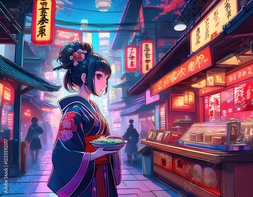 “A cyberpunk anime street scene with a mix of traditional Japanese elements and futuristic technology. Show a geisha robot walking past a ramen stand with holographic menus.  photo