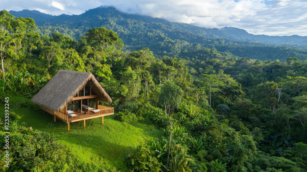 Eco friendly accommodation in lush green forest with mountain backdrop Eco friendly accommodation in lush green forest with mountain backdrop