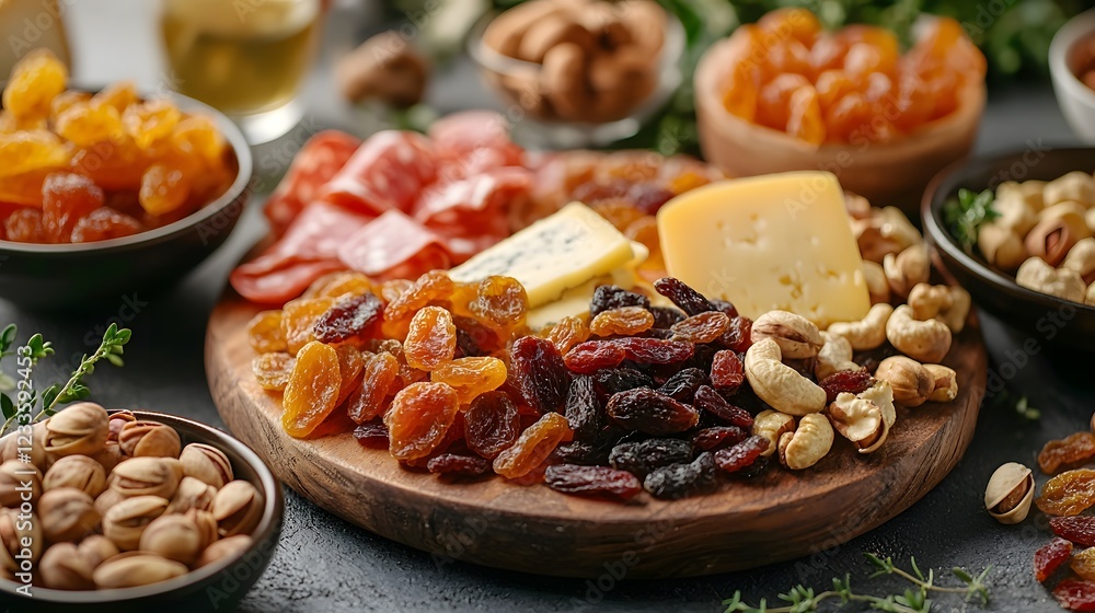 Fototapeta premium Dried Fruits Healthy Sugar, Overhead Shot of Elegant Charcuterie Board with Assorted Dried Fruits, Cheese, and Nuts