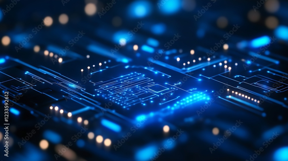 Abstract Blue Circuit Board with Glowing Lights and Digital Patterns : Generative AI Abstract Blue Circuit Board with Glowing Lights and Digital Patterns : Generative AI