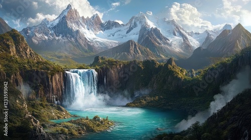 Majestic waterfall cascading into turquoise lake, snow-capped mountains background; ideal for travel brochures