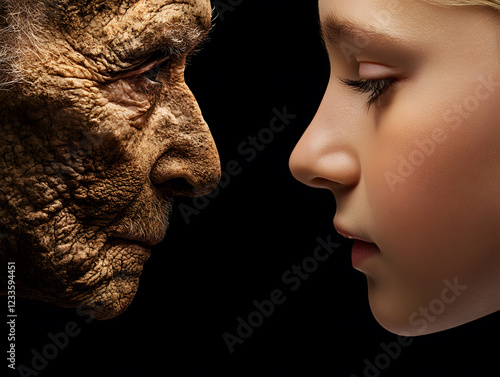 striking contrast between elderly face and young girl, symbolizing generational differences and photo