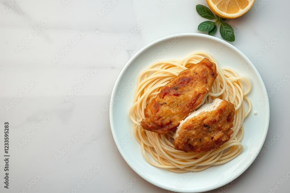 Minimalist Food Photography of Crispy Fried Chicken on Spaghetti Pasta with Fresh Basil and Lemon in a Clean and Elegant Italian Cuisine Style Minimalist Food Photography of Crispy Fried Chicken on Spaghetti Pasta with Fresh Basil and Lemon in a Clean and Elegant Italian Cuisine Style