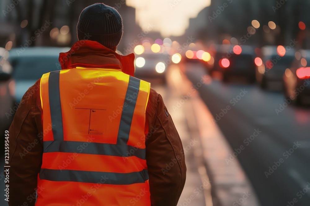 A safety vest mockup in use by a road worker, with branding visible on the back in a real-life scenario. A safety vest mockup in use by a road worker, with branding visible on the back in a real-life scenario.
