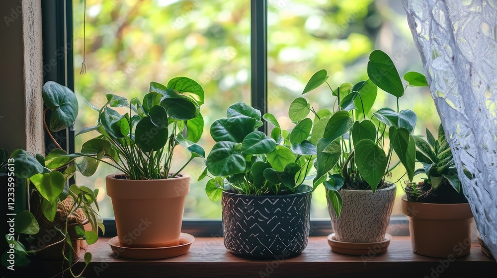 A well-organized indoor greenhouse corner with a variety of leafy plants. A well-organized indoor greenhouse corner with a variety of leafy plants.