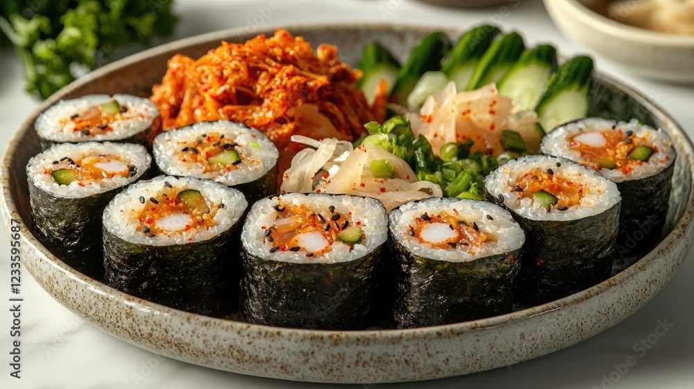 Fresh sushi rolls served on a plate with kimchi and vegetables in a bright setting Fresh sushi rolls served on a plate with kimchi and vegetables in a bright setting