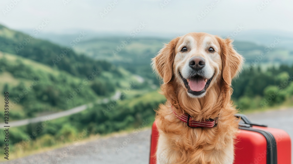 Pet-friendly travel offers joyful journeys and outdoor adventures. Happy dog with suitcase in scenic landscape. Pet-friendly travel offers joyful journeys and outdoor adventures. Happy dog with suitcase in scenic landscape.