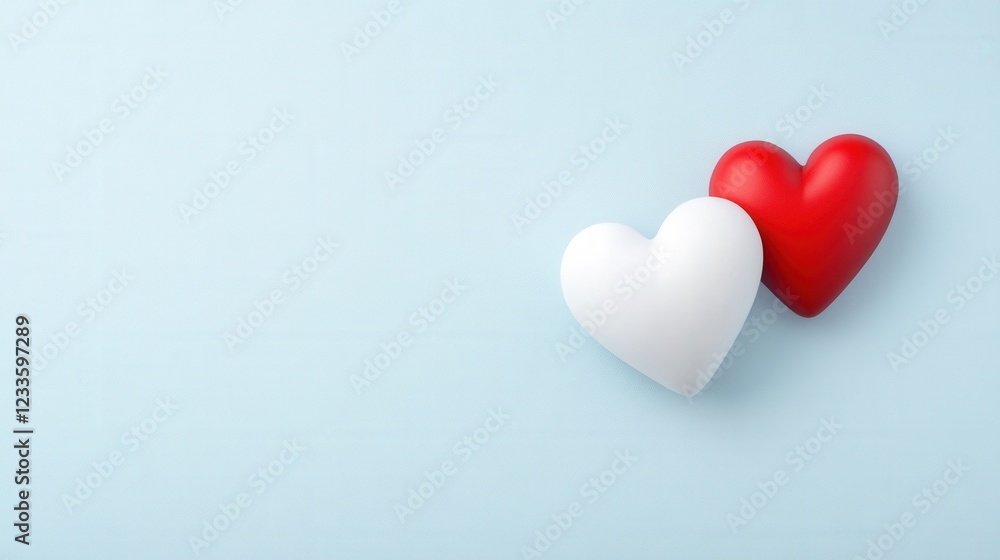 Two Colorful Heart Shapes on Soft Blue Background Symbolizing Love and Affection in a Minimalist Style Two Colorful Heart Shapes on Soft Blue Background Symbolizing Love and Affection in a Minimalist Style