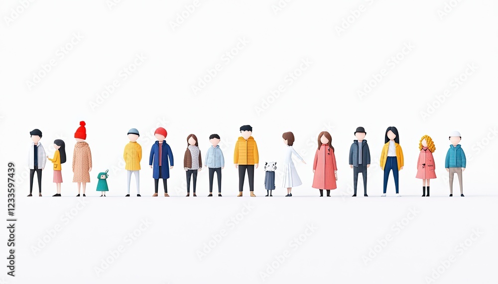 Diverse group of miniature figures standing in a line against a white background, showcasing various styles Diverse group of miniature figures standing in a line against a white background, showcasing various styles