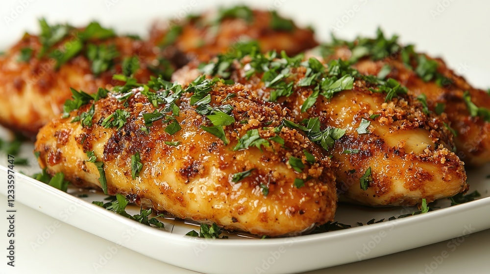Deliciously seasoned chicken breasts garnished with fresh herbs on a plate Deliciously seasoned chicken breasts garnished with fresh herbs on a plate