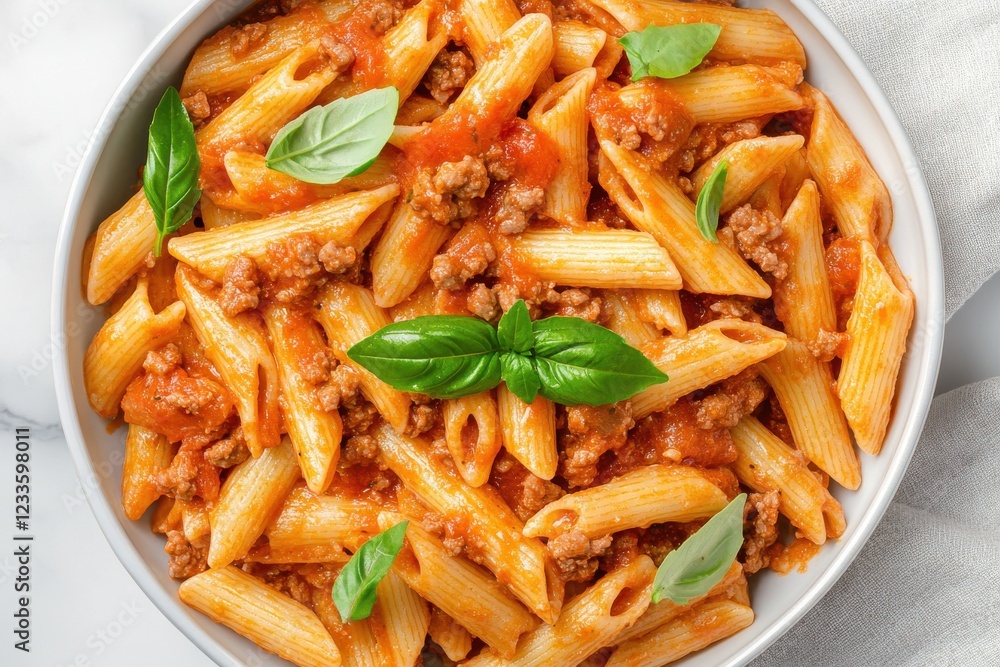 Delicious Penne Pasta with Savory Meat Sauce and Fresh Basil Leaves Served in a Bowl, Perfect for Italian Cuisine Lovers and Home-Cooked Meals