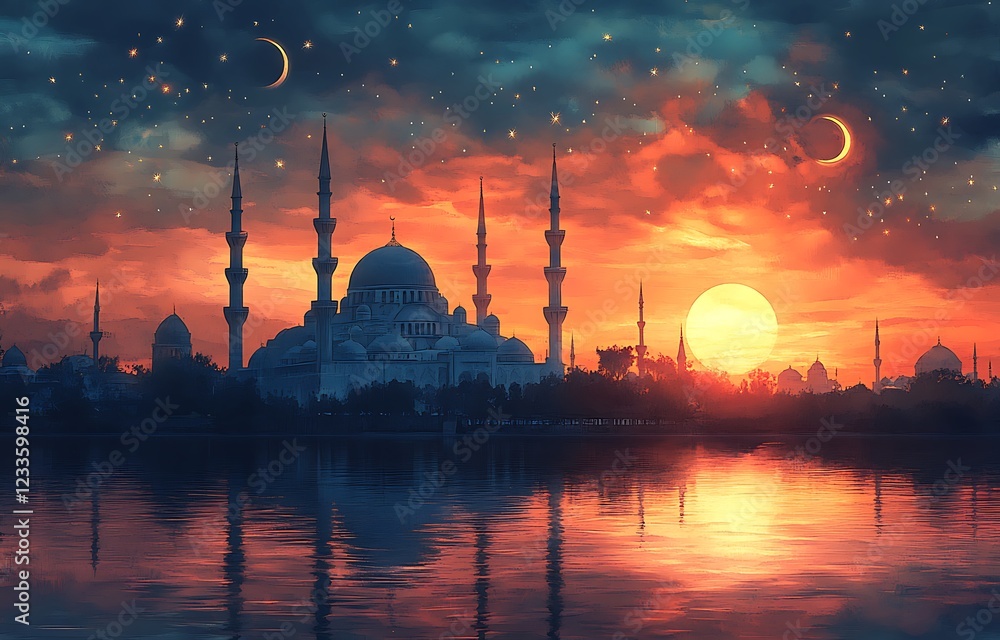 Fototapeta premium Mosque silhouette against a vibrant sunset reflecting in water with stars and crescent moons in the sky
