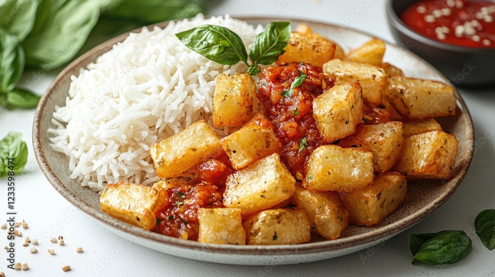 Delicious plate of rice and diced potatoes in tomato sauce garnished with basil Delicious plate of rice and diced potatoes in tomato sauce garnished with basil