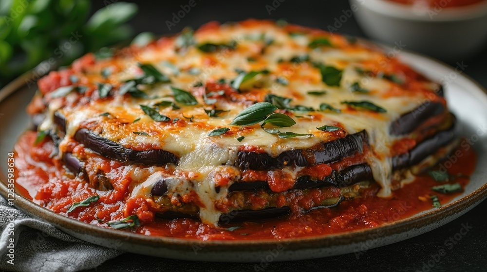 Delicious layered eggplant dish with cheese and tomato sauce on a dark table Delicious layered eggplant dish with cheese and tomato sauce on a dark table