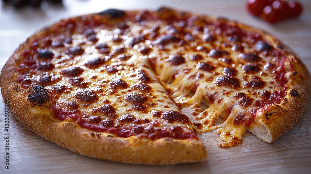 Delicious cheese pizza with a slice removed, showcasing melted cheese and crispy crust Delicious cheese pizza with a slice removed, showcasing melted cheese and crispy crust