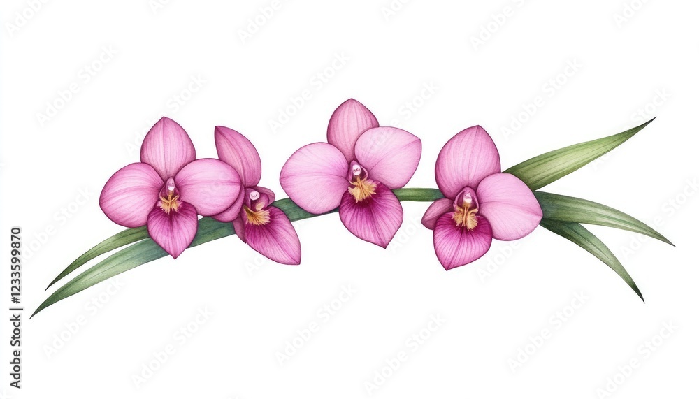Elegant pink orchids gracefully arranged on a delicate green stem against a clean white background Elegant pink orchids gracefully arranged on a delicate green stem against a clean white background