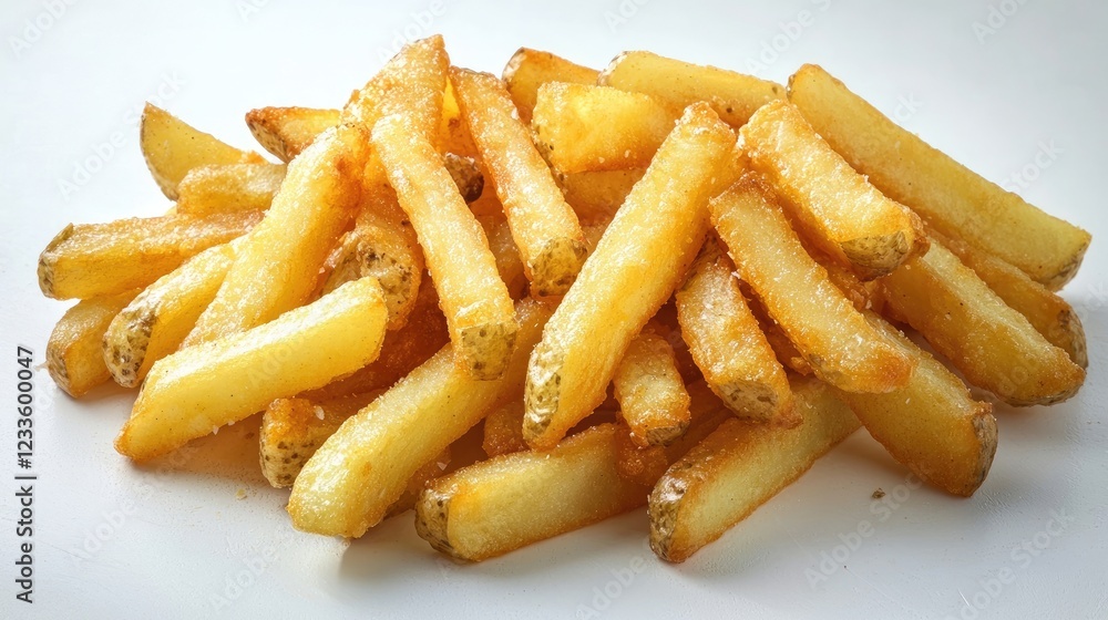 Golden, crispy French fries piled high on a white surface, perfect for snacking or meals Golden, crispy French fries piled high on a white surface, perfect for snacking or meals
