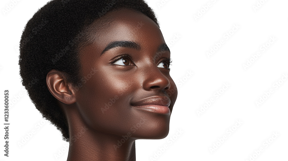 portrait of a young black woman with beautiful skin and black hair looking up at a blank white board PNG image, PNG file, Generative art. portrait of a young black woman with beautiful skin and black hair looking up at a blank white board PNG image, PNG file, Generative art.