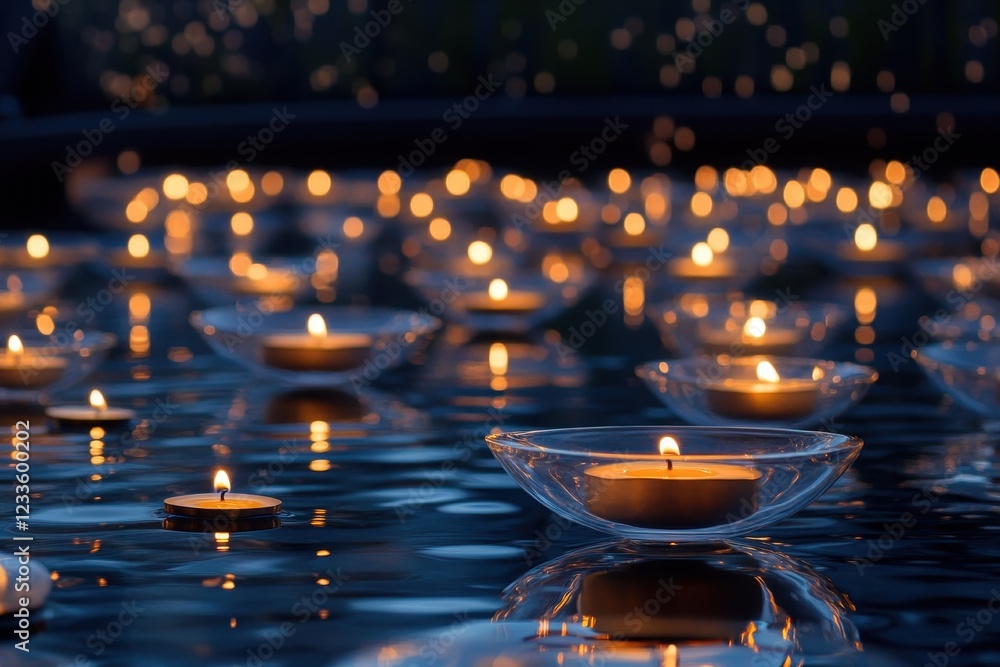 A single floating candle in a glass bowl, with a warm glow reflecting on the water and subtle shadows in the background. A single floating candle in a glass bowl, with a warm glow reflecting on the water and subtle shadows in the background.