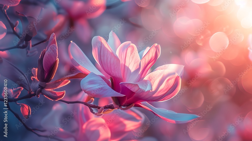 Fototapeta premium Beautiful blooming magnolia flower with fantasy colors