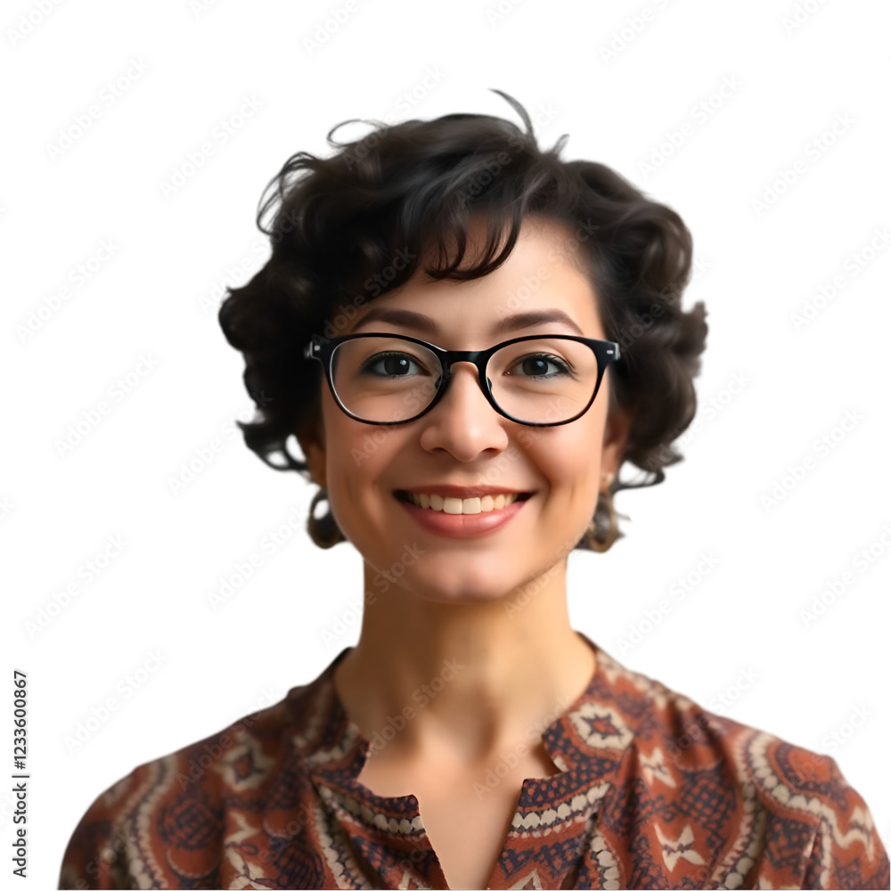 Obraz premium Smiling Young Woman with Glasses Isolated on Transparent Background