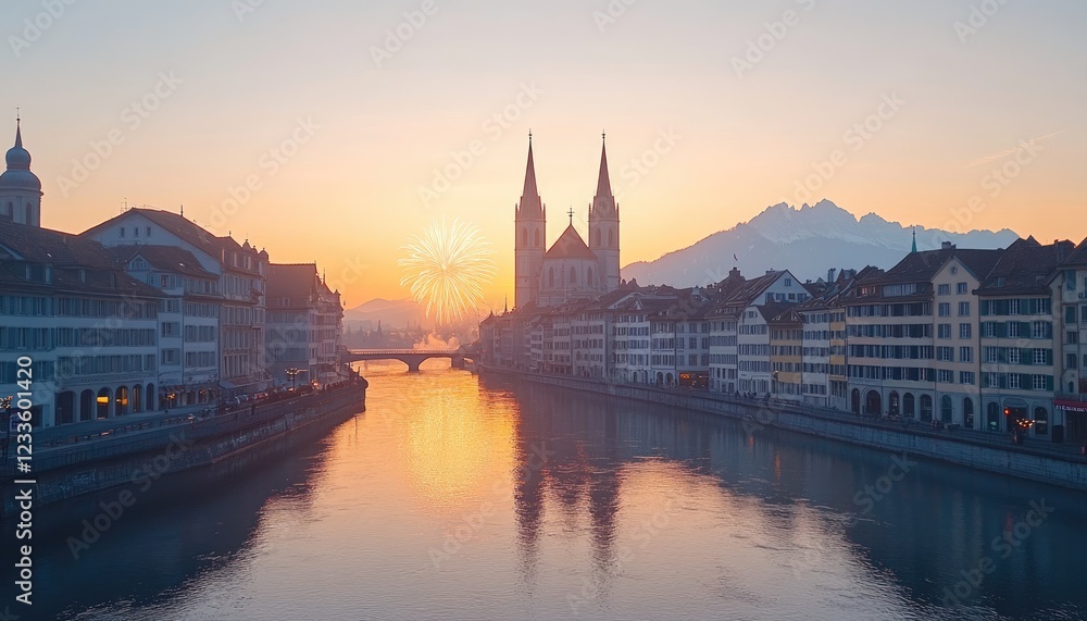 Serene sunset over a tranquil river in Lucerne, Switzerland, with fireworks illuminating the sky Serene sunset over a tranquil river in Lucerne, Switzerland, with fireworks illuminating the sky