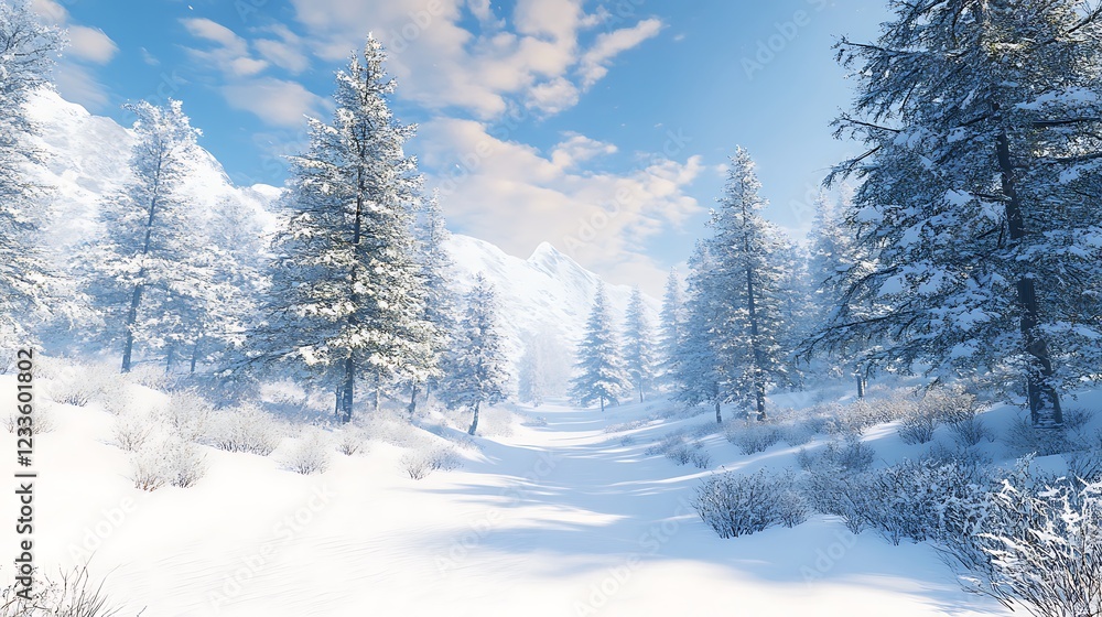 Obraz premium A serene winter landscape with snow-covered trees and a clear blue sky.