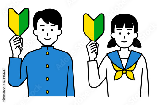 初心者マークを掲げる男女の学生　セット