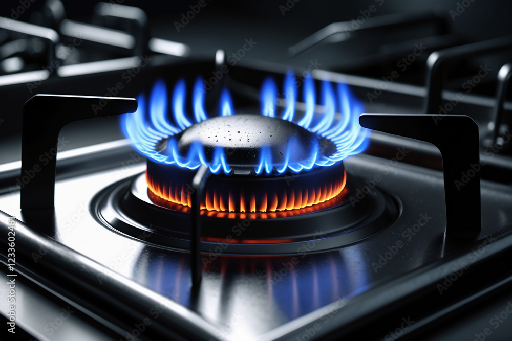 Close Up of Gas Stove Burner with Blue Flames Close Up of Gas Stove Burner with Blue Flames