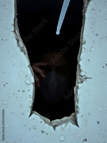 A concealed person watching through a shattered wall photo