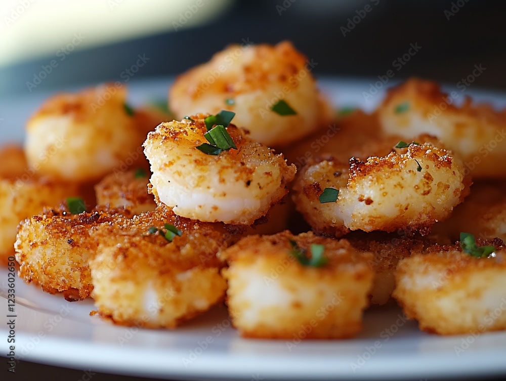 Fototapeta premium Close-Up of Crispy Herb-Seasoned Shrimp Bites on a White Plate : Generative AI