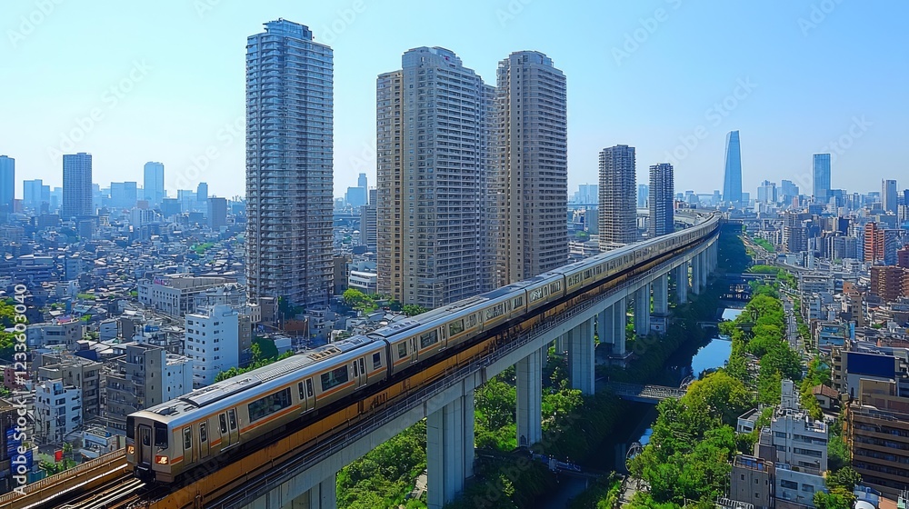 Elevated train traversing cityscape; modern buildings, park below; urban transport Elevated train traversing cityscape; modern buildings, park below; urban transport