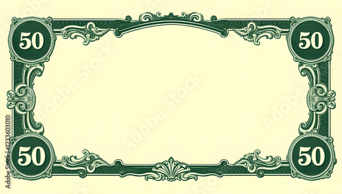 Blank fifty dollar bill frame vector. Features ornate green border design with number 50 in all four corners. Empty currency template for financial concepts and custom designs.