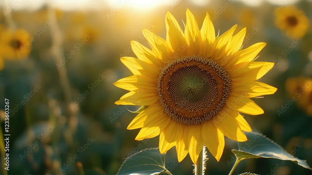 Fototapeta premium Vibrant Sunflower Blooming in a Radiant Sunlit Field During the Golden Hour Glow
