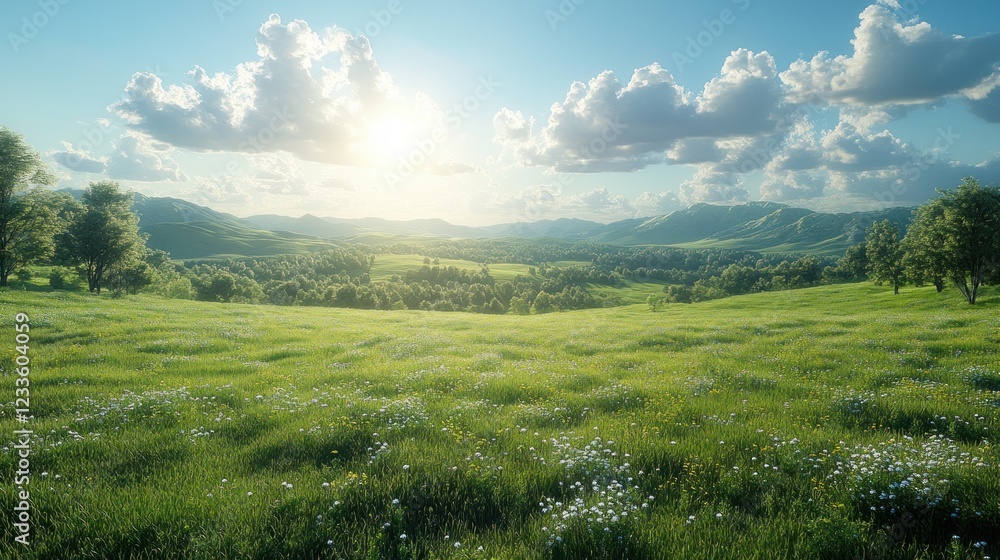 Obraz premium Serene Summer Meadow Landscape: Rolling Hills, Green Grass, and a Sunny Sky
