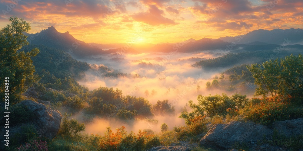 Obraz premium Majestic Sunrise Over Misty Mountains: A Breathtaking Panorama