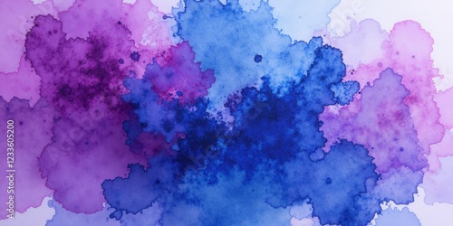 Vivid blue and purple watercolors swirl elegantly; deep blues dominate the center while dusky purples dance on the left, creating a mesmerizing abstract composition