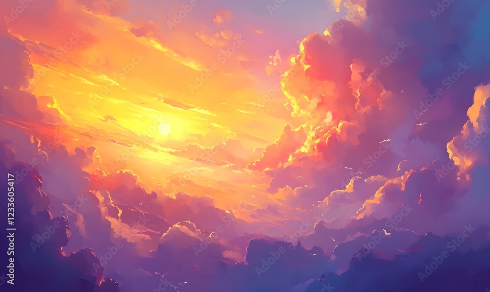 Fototapeta premium Vibrant sunset over fluffy clouds, peaceful landscape, idyllic scene, perfect for background