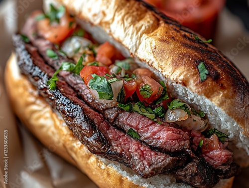 Juicy Steak Sandwich with Fresh Seasonal Toppings on Grilled Artisan Bread : Generative AI photo