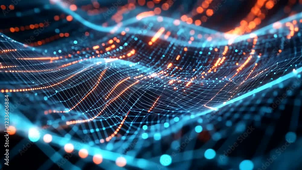 Abstract digital wave, glowing nodes, network, technology background; website header Abstract digital wave, glowing nodes, network, technology background; website header