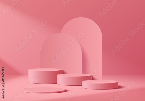 3D pink round podium set background in Valentine's Day concept. Abstract geometric composition in minimalist design. Studio display showroom stand product pedestal, Fashion stage showcase mockup scene