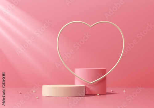3D pink round product podium background with heart frame in valentine. Abstract composition in minimalist design. Studio display showroom cosmetic product pedestal, Fashion stage showcase mockup scene