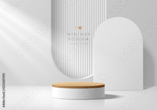 3D wood round podium background with white arch frame window. Abstract geometric composition in minimalist design. Studio display showroom stand product pedestal, Fashion stage showcase mockup scene.