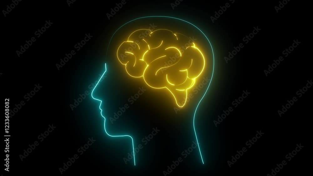 Neon anatomical brain icon - Vertical aqua and yellow glowing background Neon anatomical brain icon - Vertical aqua and yellow glowing background