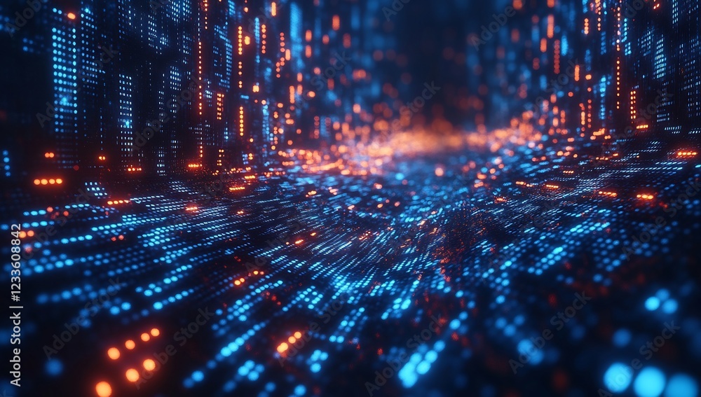 Obraz premium Abstract Digital Data Flow: A mesmerizing visual of binary code streams, forming a dynamic and vibrant digital landscape.