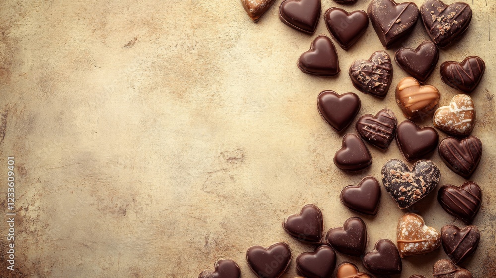 Assorted Chocolate Heart Candies On Tan Background Assorted Chocolate Heart Candies On Tan Background