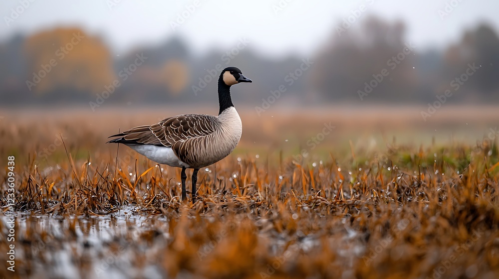 Majestic goose standing in a misty wetland surrounded by autumn foliage and soft light Majestic goose standing in a misty wetland surrounded by autumn foliage and soft light