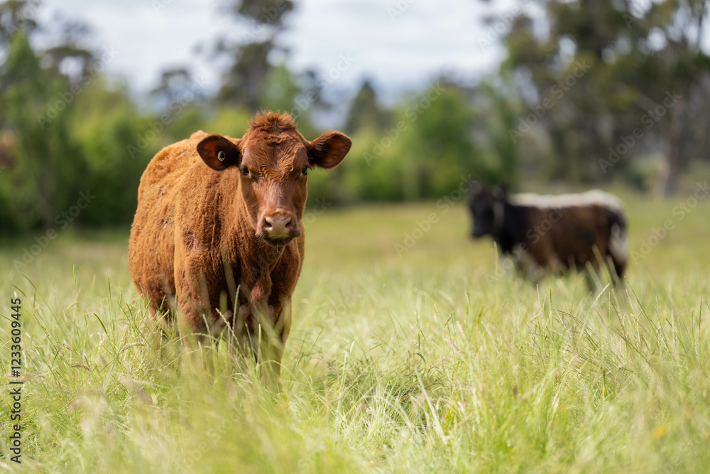 beautiful cattle in Australia eating grass, grazing on pasture. Herd of cows free range beef being regenerative raised on an agricultural farm. Sustainable farming beautiful cattle in Australia eating grass, grazing on pasture. Herd of cows free range beef being regenerative raised on an agricultural farm. Sustainable farming